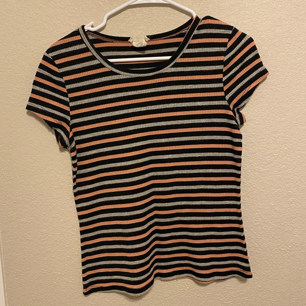 Rue 21- Striped pink, black, and gray shirt. XL but fits like a M.